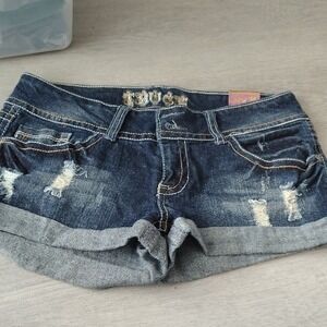 Truce Womens Distressed Denim Shorts Dark Wash Low Rise Cuffed Size 11 Y2K